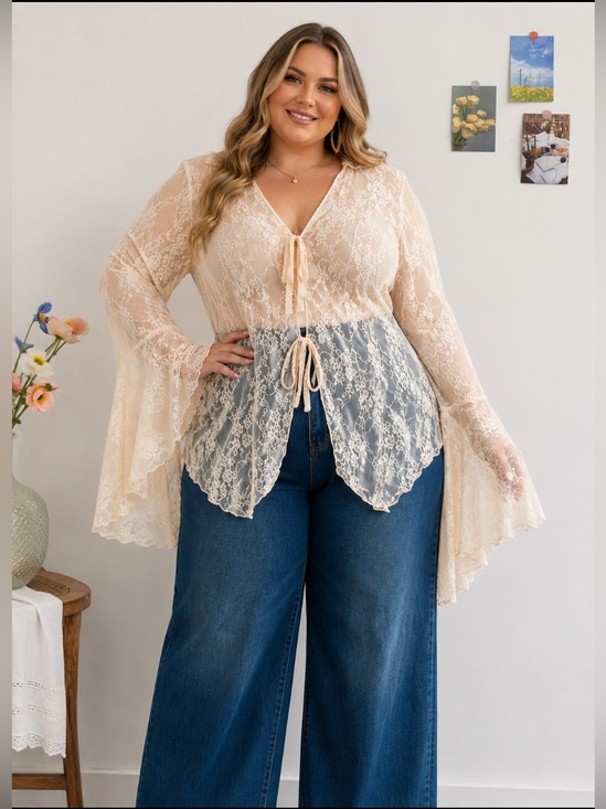 Unknown Tops - Sheer Lace Tie-Front Blouse in Soft ivory
